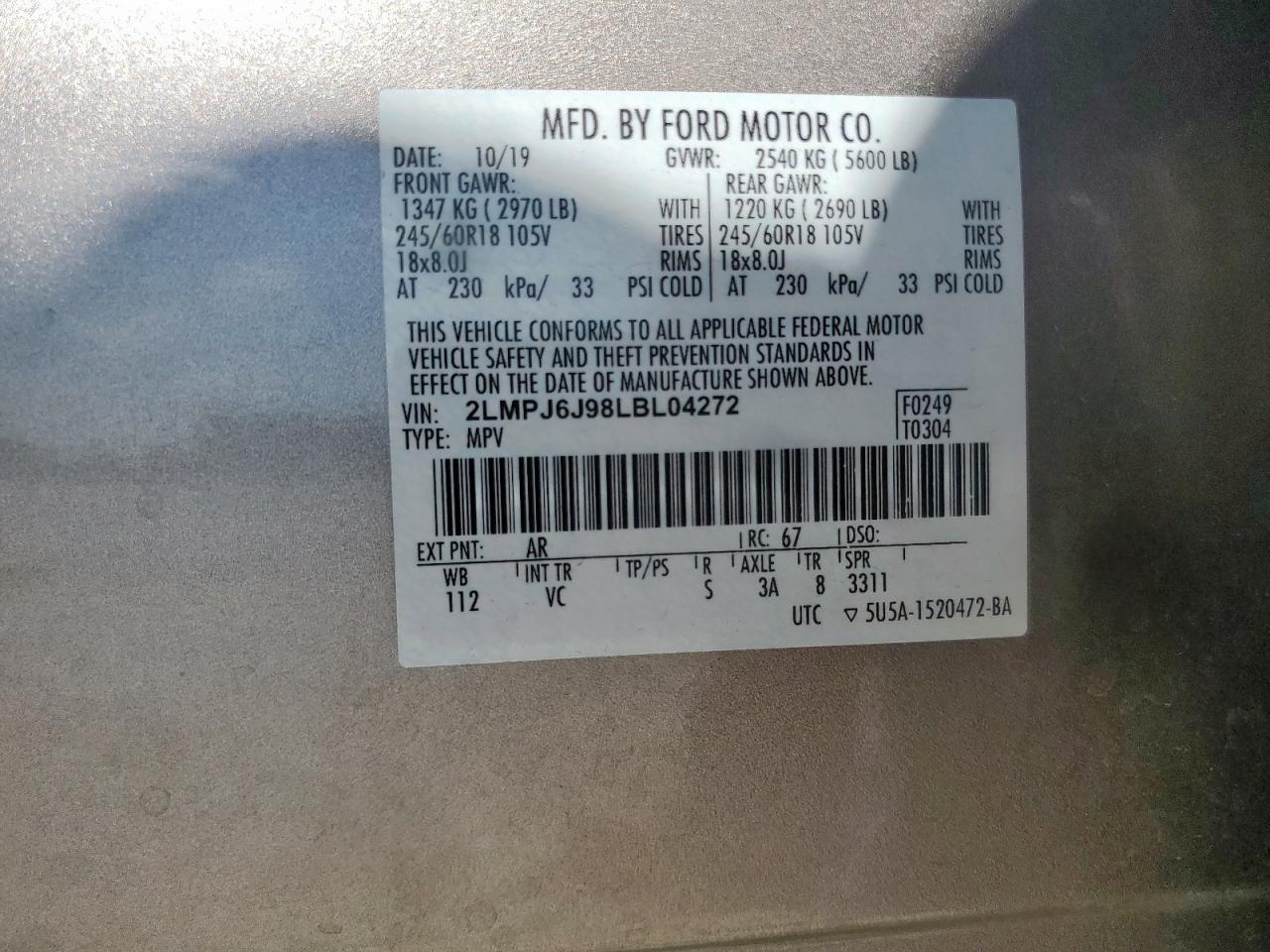 2020 Lincoln Nautilus VIN: 2LMPJ6J98LBL04272 Lot: 82361855