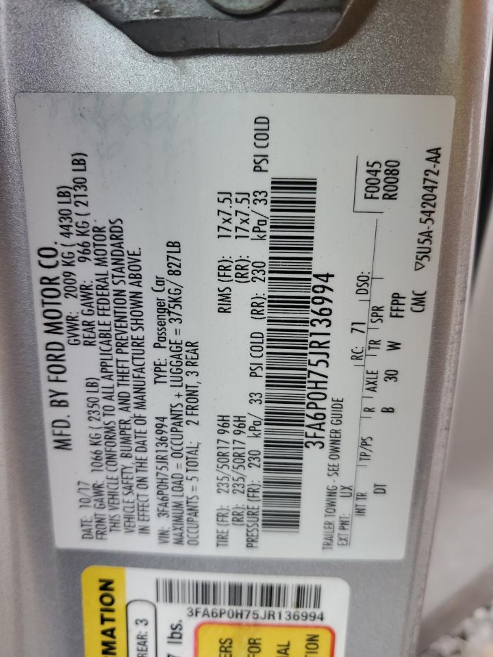 2018 Ford Fusion Se VIN: 3FA6P0H75JR136994 Lot: 86339925