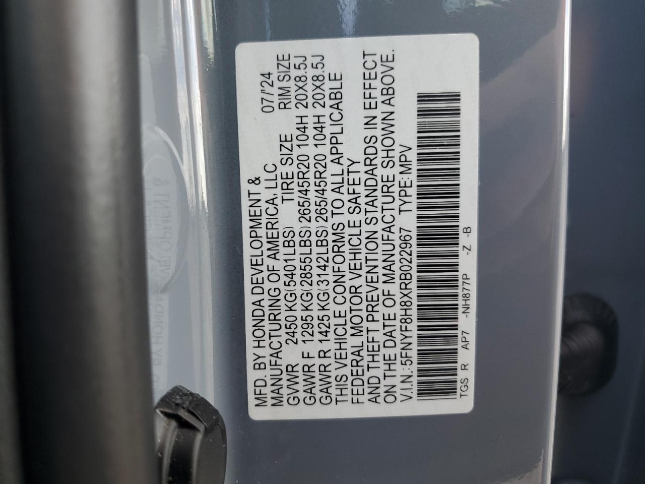 2024 Honda Passport Black Edition VIN: 5FNYF8H8XRB022967 Lot: 85297085