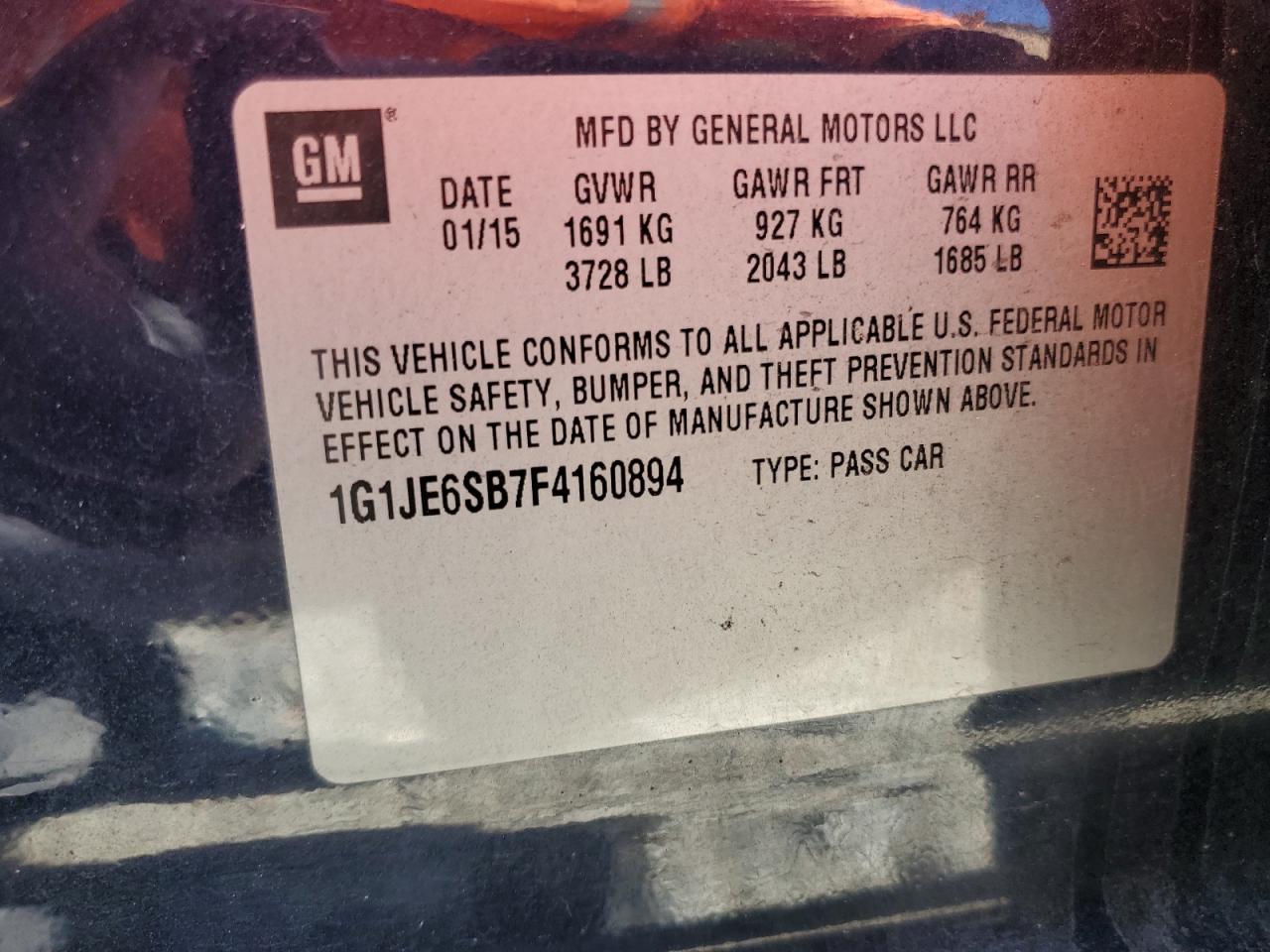 2015 Chevrolet Sonic Ltz VIN: 1G1JE6SB7F4160894 Lot: 86441935