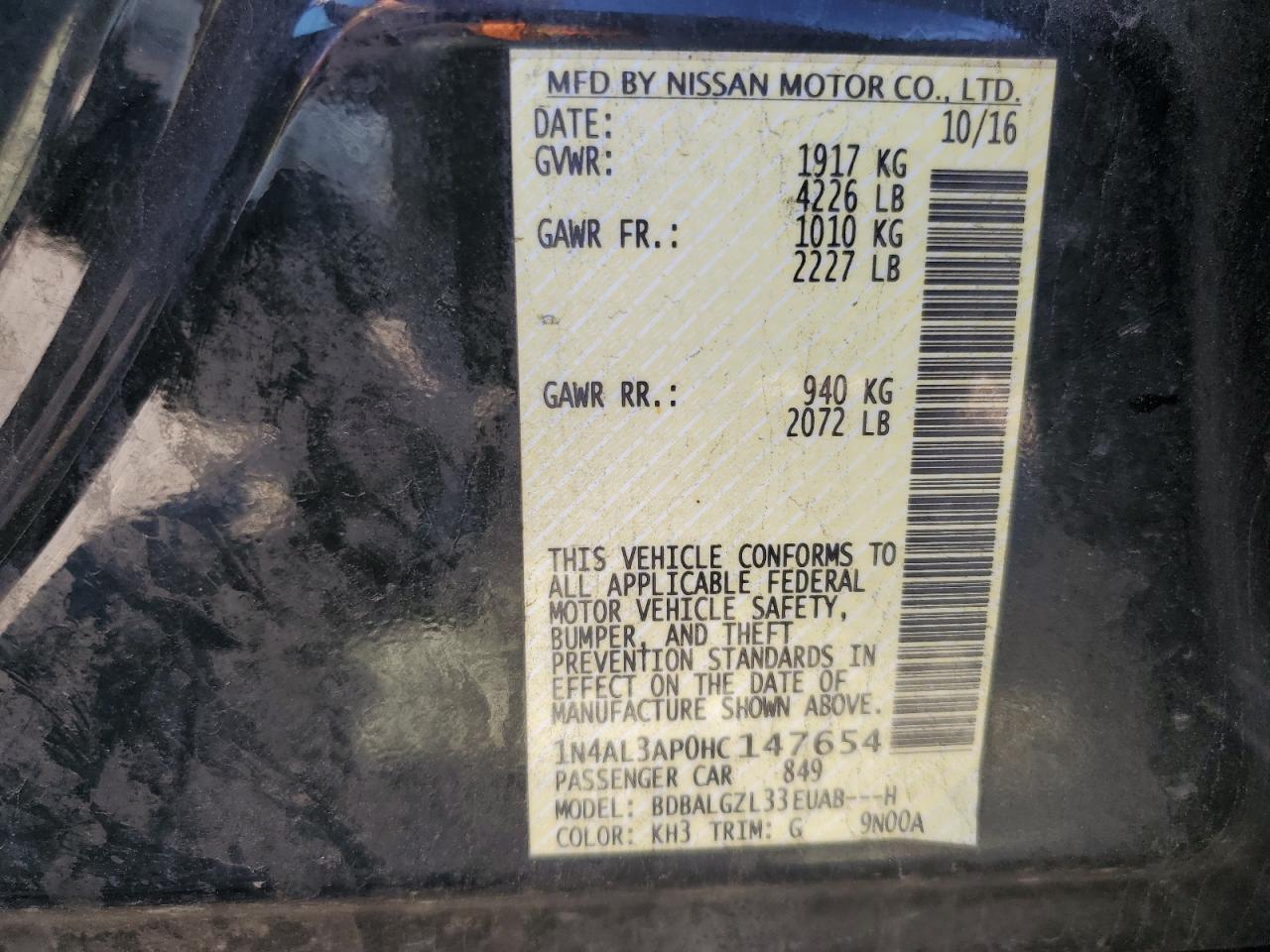 2017 Nissan Altima 2.5 VIN: 1N4AL3AP0HC147654 Lot: 85471855