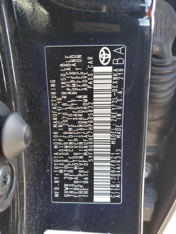 2017 Toyota Corolla L VIN: 5YFBURHE7HP605832 Lot: 82451825