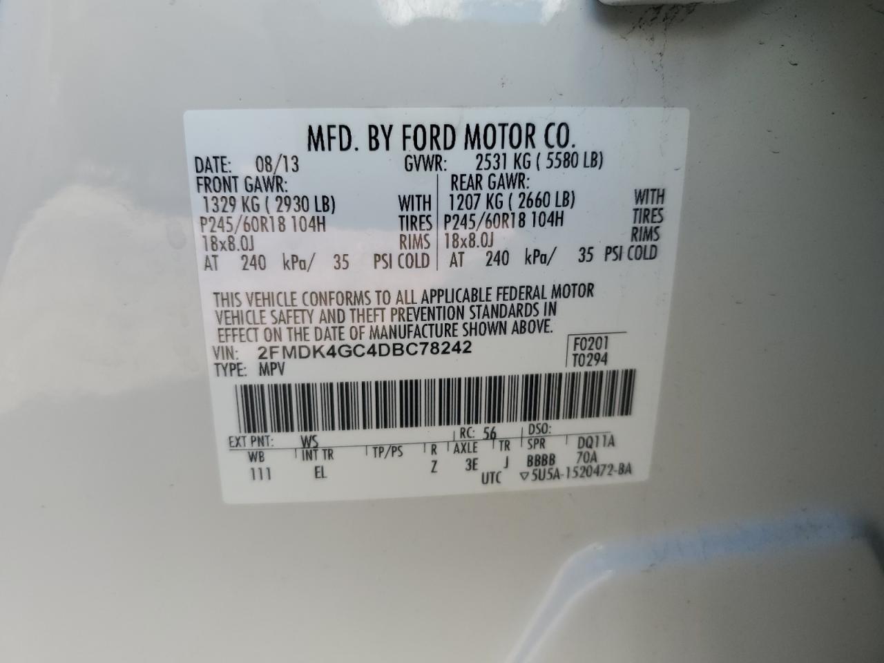 2013 Ford Edge Se VIN: 2FMDK4GC4DBC78242 Lot: 86161725