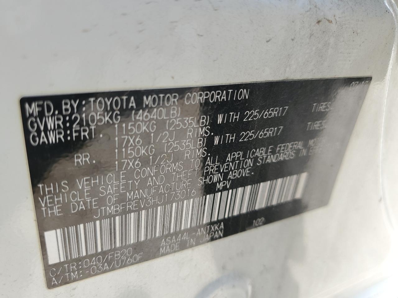 2017 Toyota Rav4 Le VIN: JTMBFREV3HJ173016 Lot: 85358245