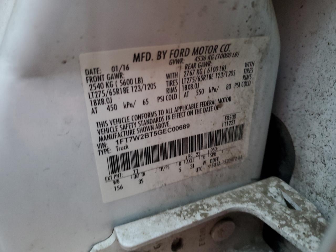 2016 Ford F250 Super Duty VIN: 1FT7W2BT5GEC00689 Lot: 81957905