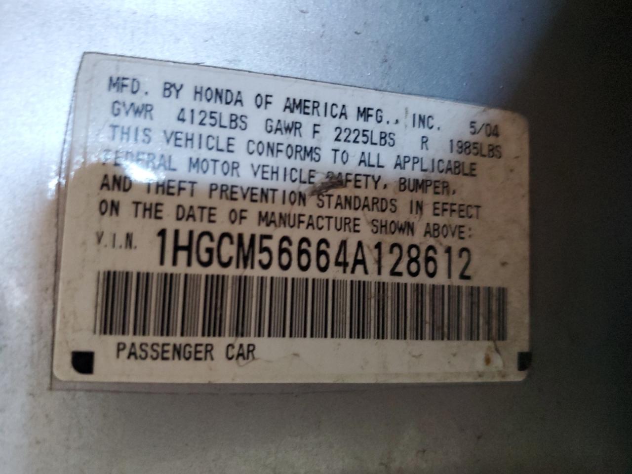 2004 Honda Accord Ex VIN: 1HGCM56664A128612 Lot: 85004845