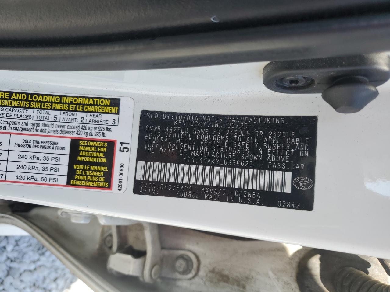 2020 Toyota Camry Le VIN: 4T1C11AK3LU358623 Lot: 81419055