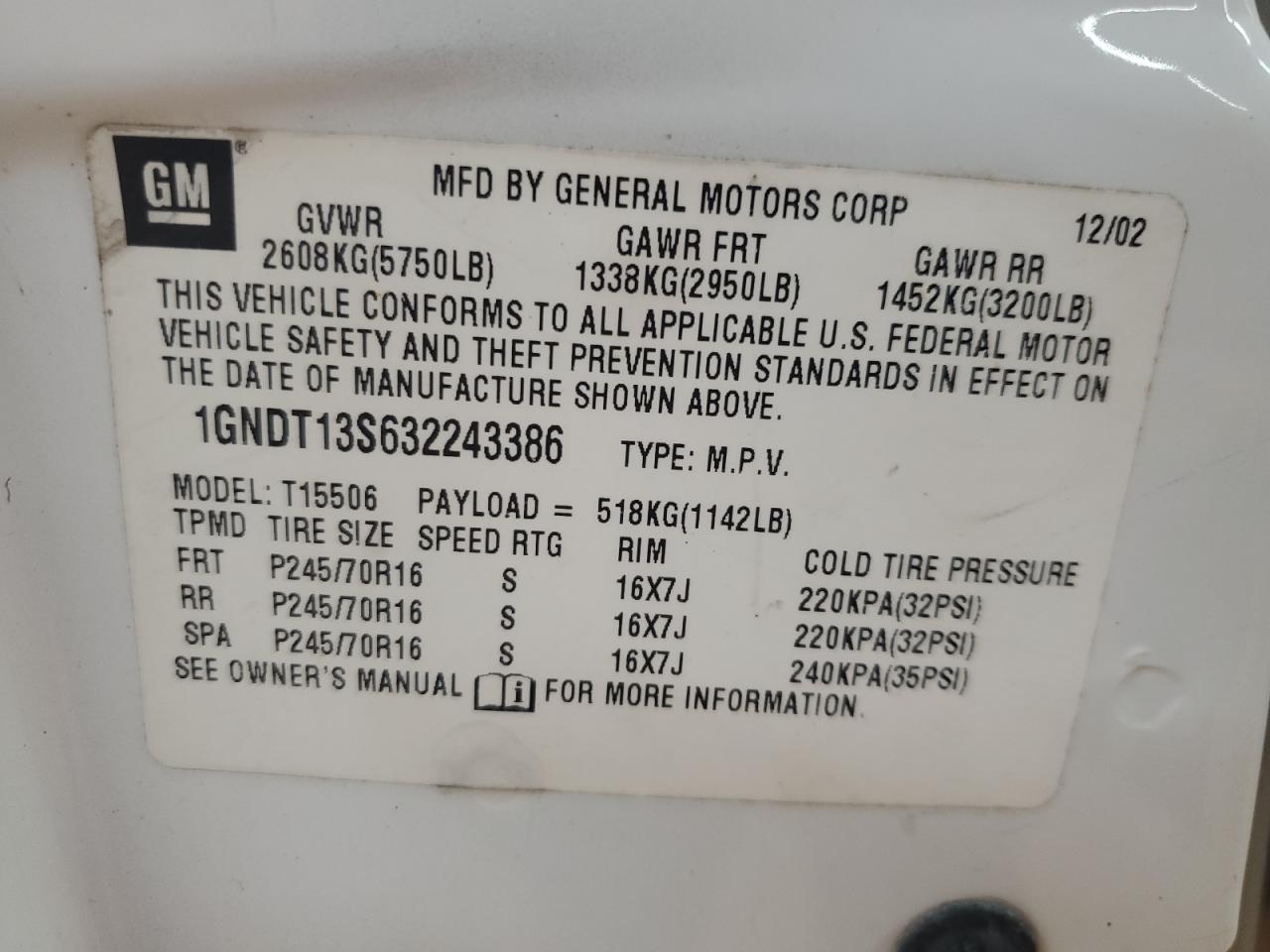 2003 Chevrolet Trailblazer VIN: 1GNDT13S632243386 Lot: 81863145