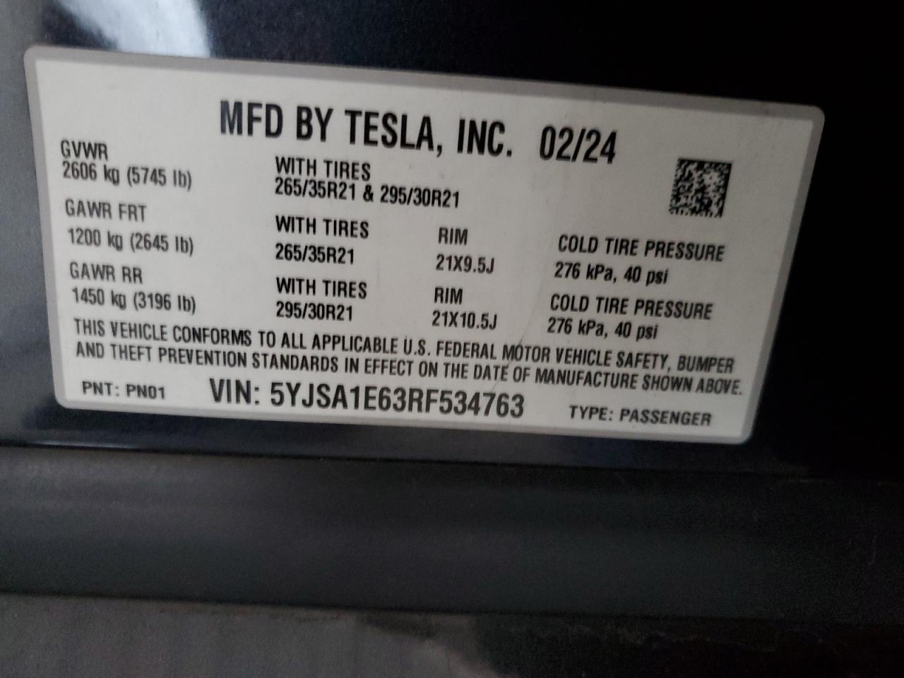 2024 Tesla Model S VIN: 5YJSA1E63RF534763 Lot: 82261265