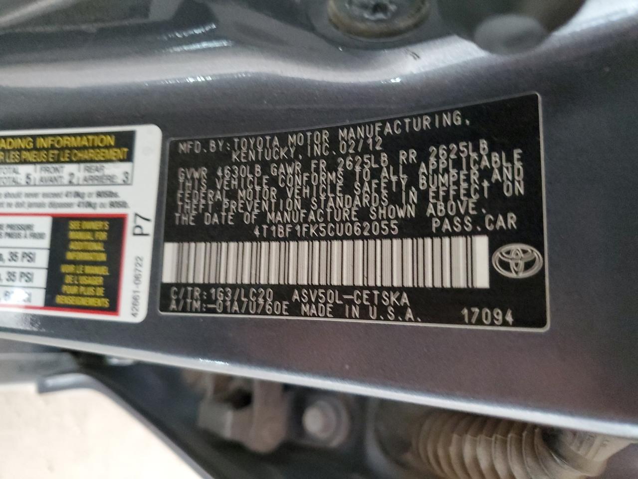 2012 Toyota Camry Base VIN: 4T1BF1FK5CU062055 Lot: 86179595