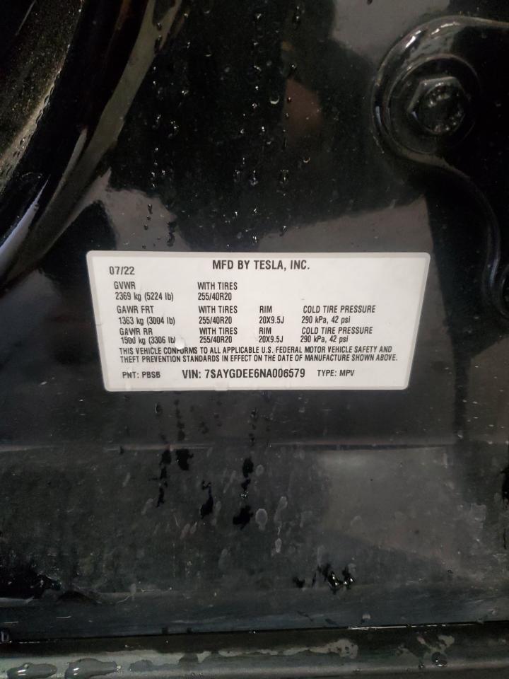 2022 Tesla Model Y VIN: 7SAYGDEE6NA006579 Lot: 86771345