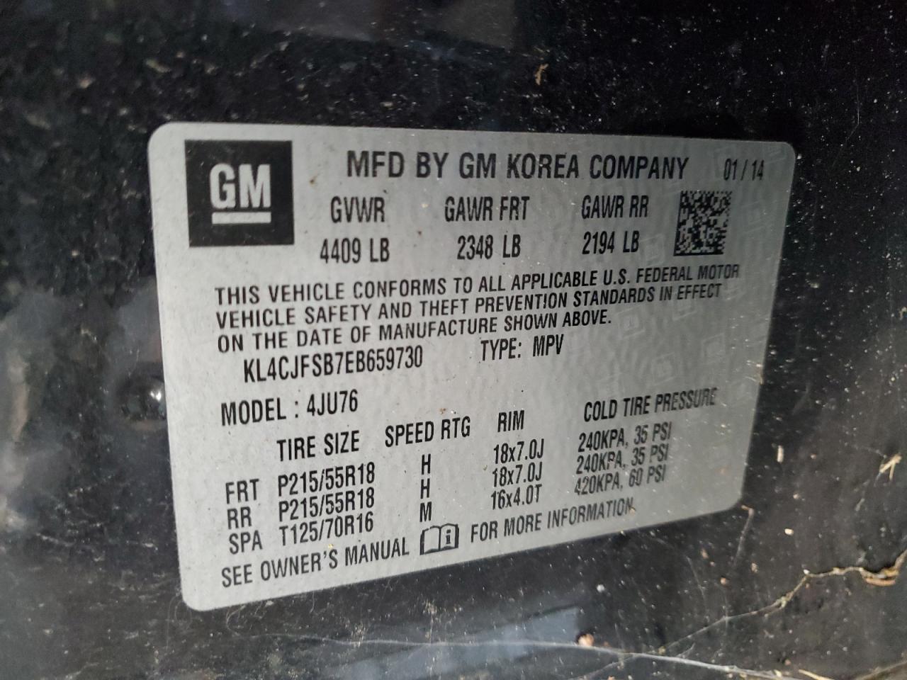 2014 Buick Encore Convenience VIN: KL4CJFSB7EB659730 Lot: 85561455