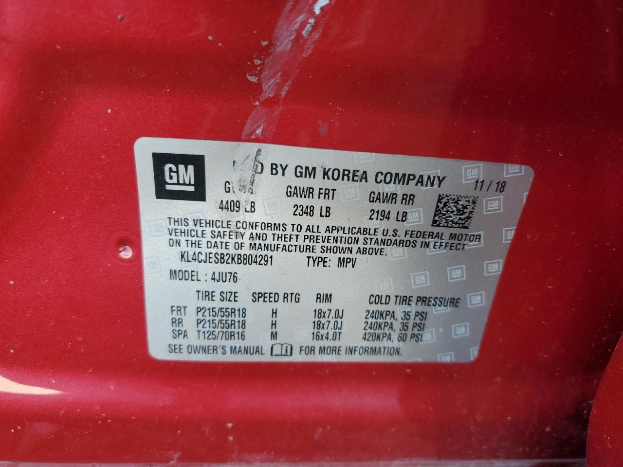 2019 Buick Encore Preferred VIN: KL4CJESB2KB804291 Lot: 90130705