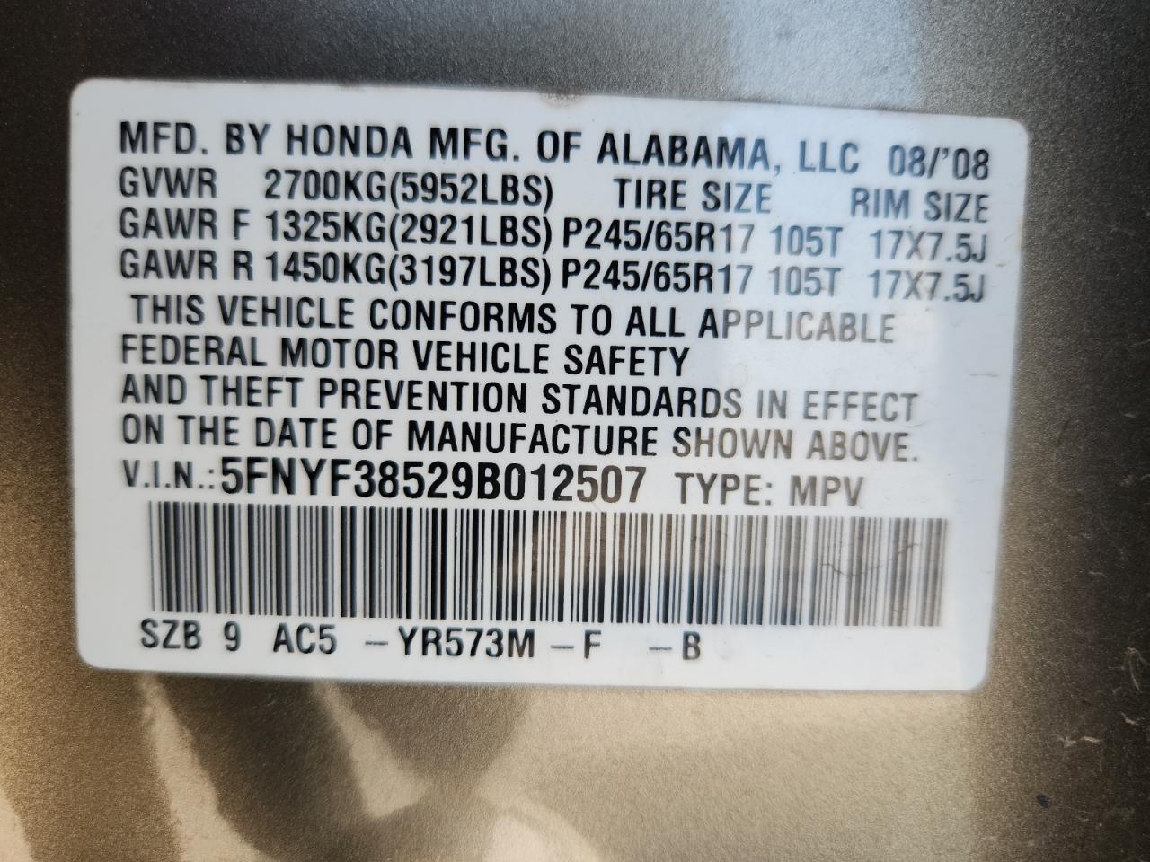2009 Honda Pilot Exl VIN: 5FNYF38529B012507 Lot: 87243345