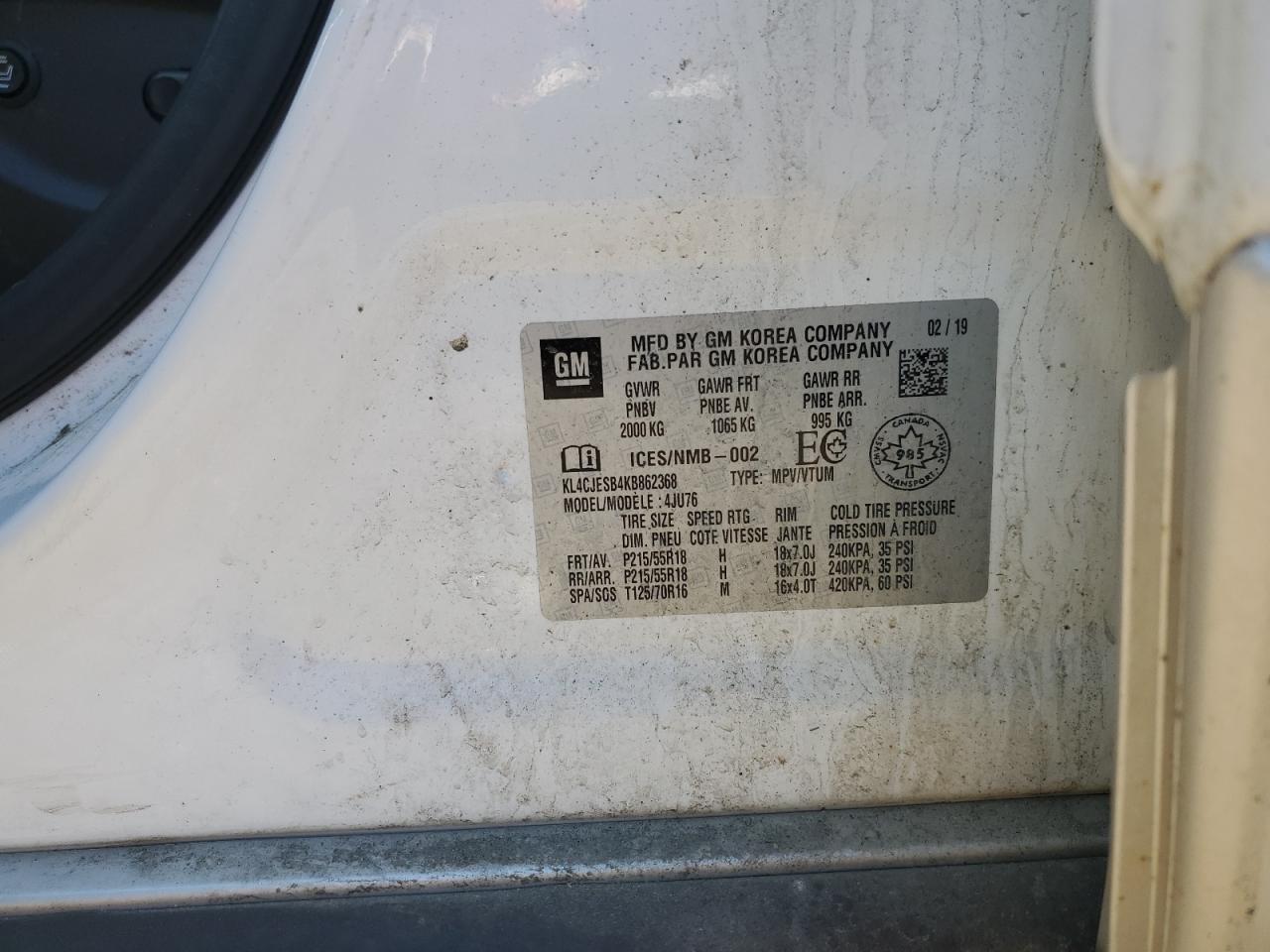 2019 Buick Encore Preferred VIN: KL4CJESB4KB862368 Lot: 53376555