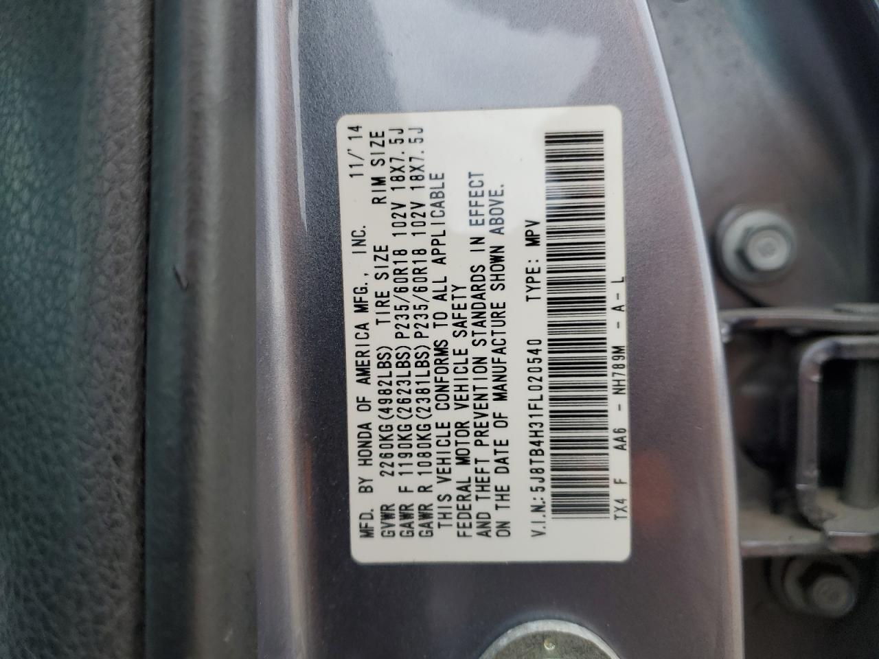 2015 Acura Rdx VIN: 5J8TB4H31FL020540 Lot: 85889285