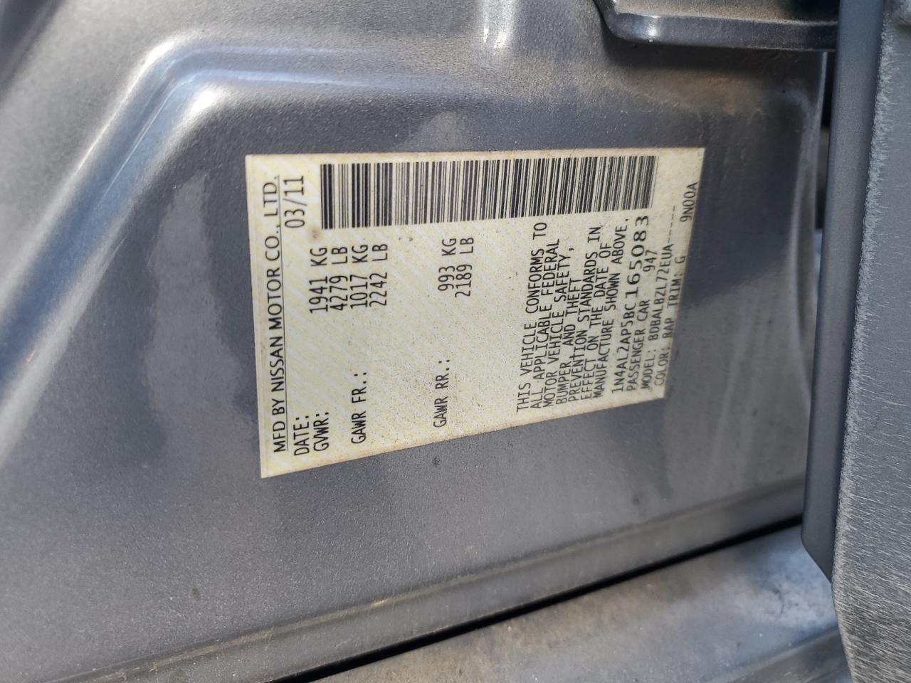 2011 Nissan Altima Base VIN: 1N4AL2AP5BC165083 Lot: 84621445