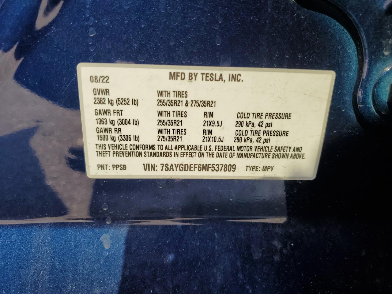 2022 Tesla Model Y VIN: 7SAYGDEF6NF537809 Lot: 90056955