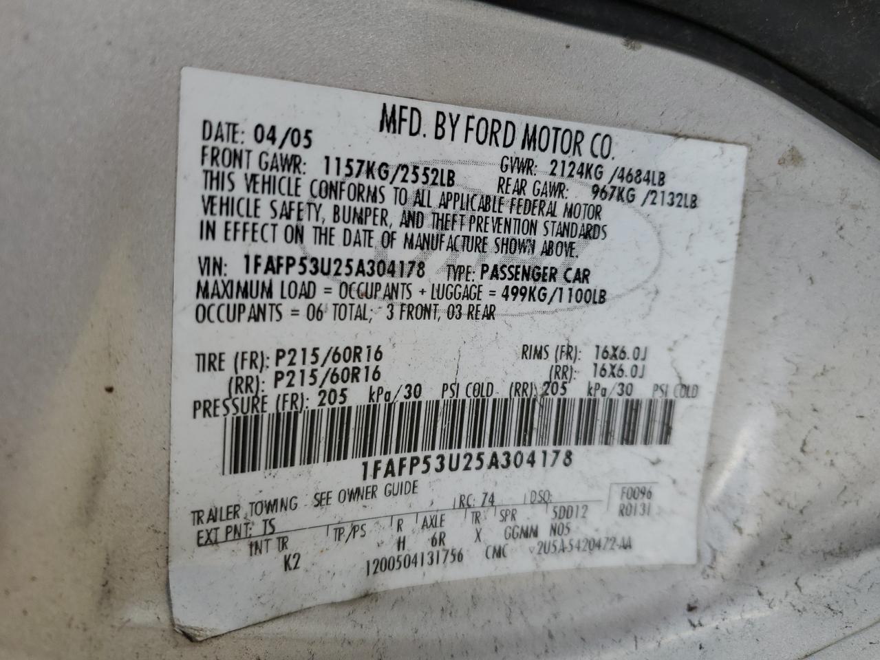 2005 Ford Taurus Se VIN: 1FAFP53U25A304178 Lot: 90742915