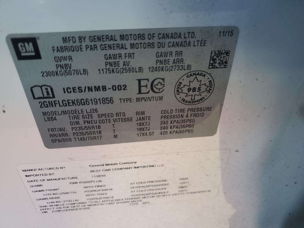 2016 Chevrolet Equinox Ltz VIN: 2GNFLGEK6G6191856 Lot: 82303255