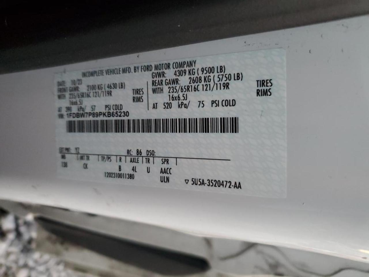 2023 Ford Transit Utility / Service Van VIN: 1FDBW7P89PKB65230 Lot: 89876595