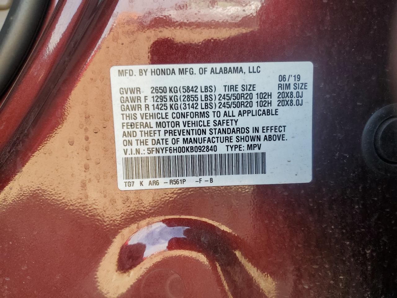 2019 Honda Pilot Elite VIN: 5FNYF6H00KB092840 Lot: 81975255