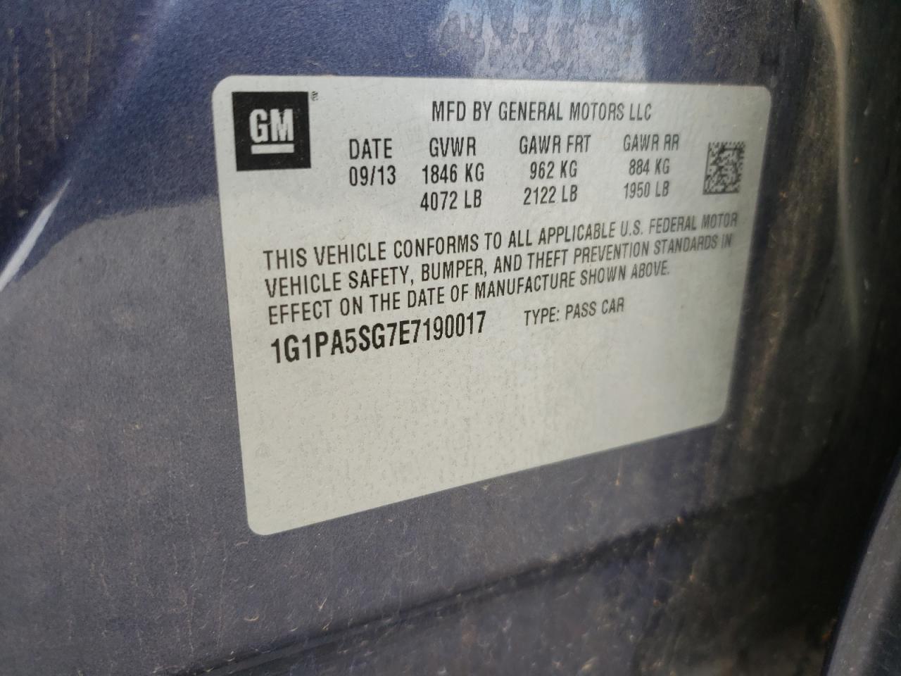 2014 Chevrolet Cruze Ls VIN: 1G1PA5SG7E7190017 Lot: 84817925