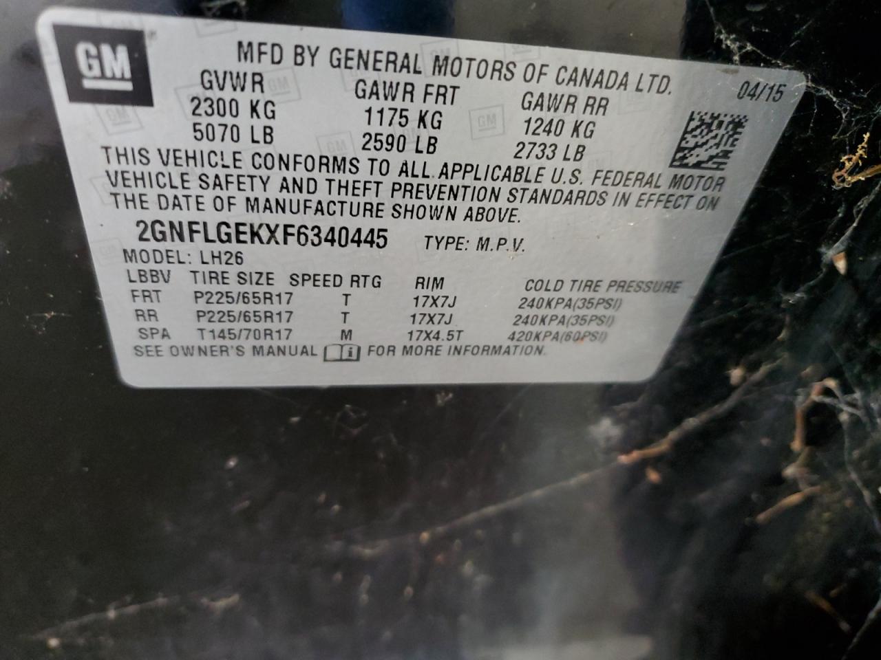 2015 Chevrolet Equinox Lt VIN: 2GNFLGEKXF6340445 Lot: 82469095