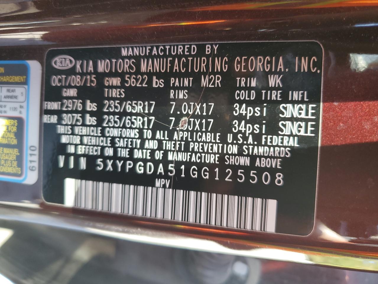 2016 Kia Sorento Lx VIN: 5XYPGDA51GG125508 Lot: 82202565