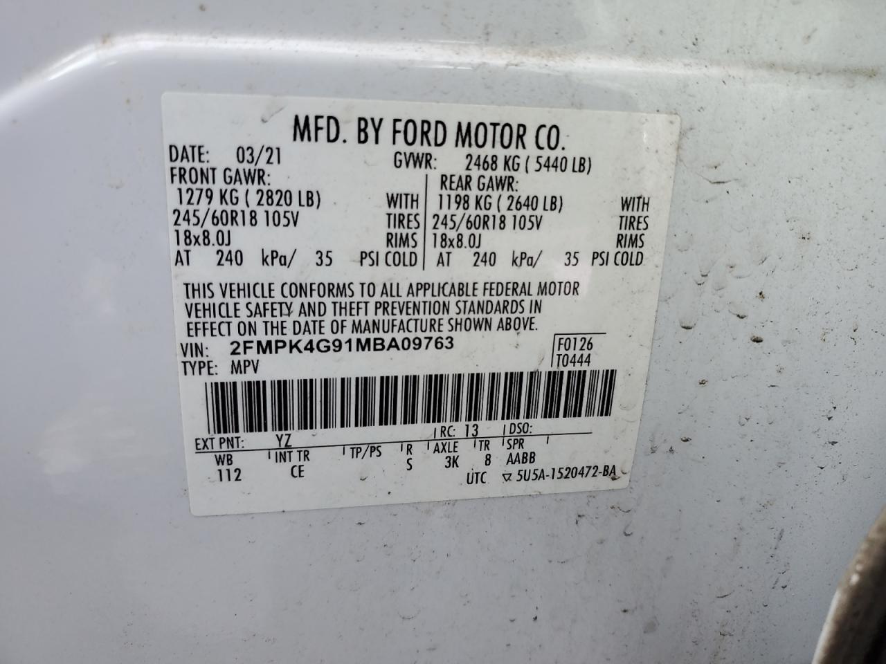 2021 Ford Edge Se VIN: 2FMPK4G91MBA09763 Lot: 86276035