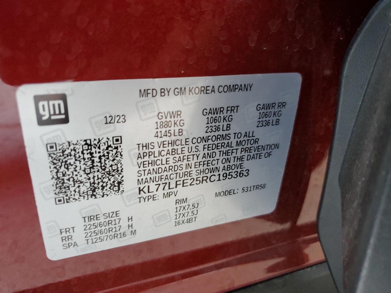 2024 Chevrolet Trax Ls VIN: KL77LFE25RC195363 Lot: 93157035