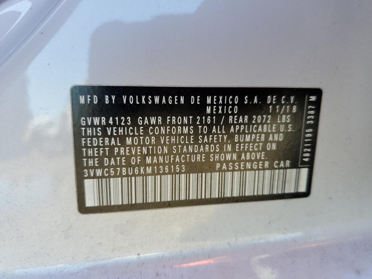 2019 Volkswagen Jetta S VIN: 3VWC57BU6KM136153 Lot: 85644565