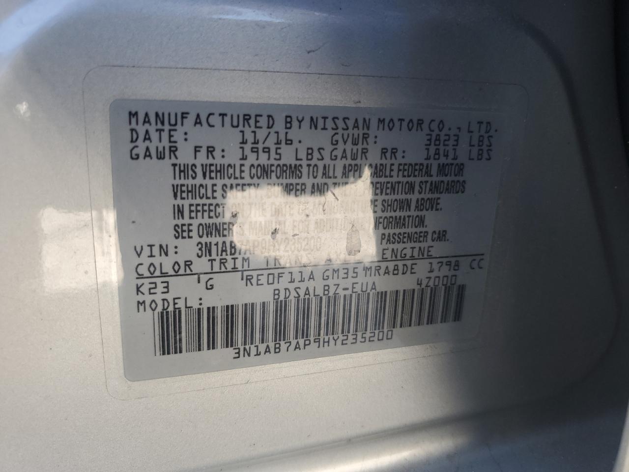 2017 Nissan Sentra S VIN: 3N1AB7AP9HY235200 Lot: 84593705