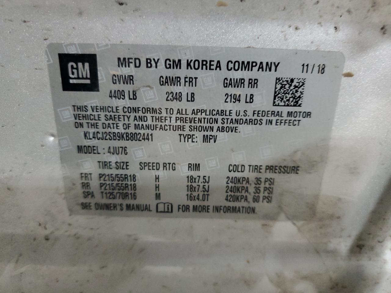 2019 Buick Encore Sport Touring VIN: KL4CJ2SB9KB802441 Lot: 87004235