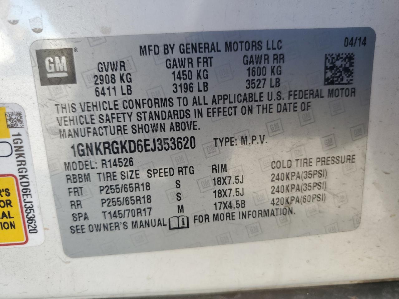 2014 Chevrolet Traverse Lt VIN: 1GNKRGKD6EJ353620 Lot: 86890865