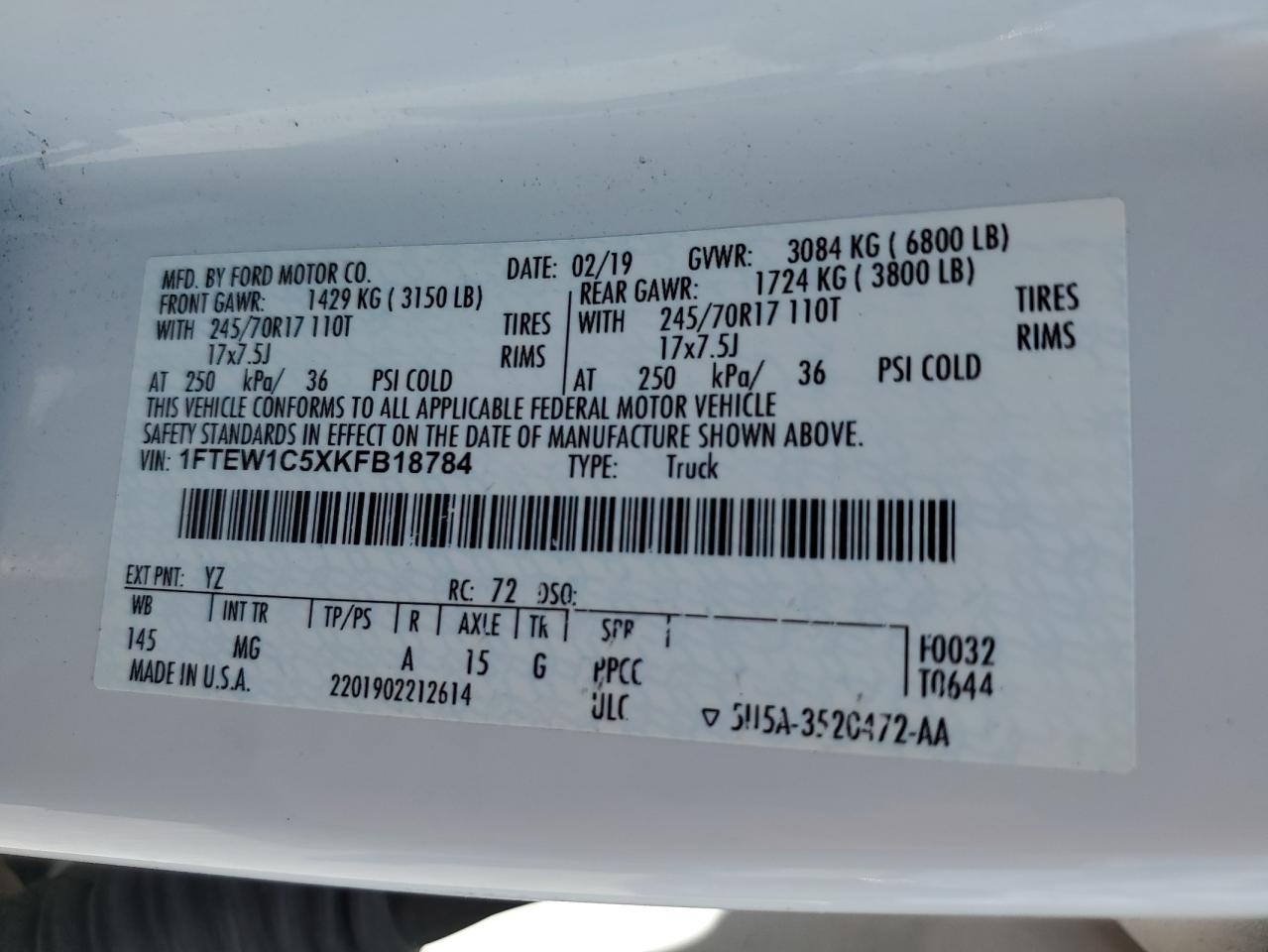2019 Ford F150 Supercrew VIN: 1FTEW1C5XKFB18784 Lot: 84482875