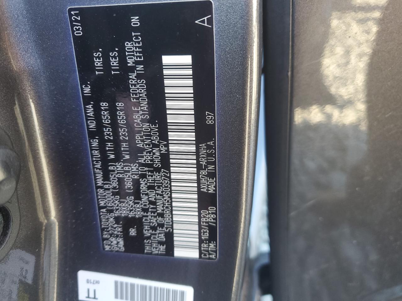 2021 Toyota Highlander Hybrid Le VIN: 5TDBBRCH5MS039727 Lot: 87373805