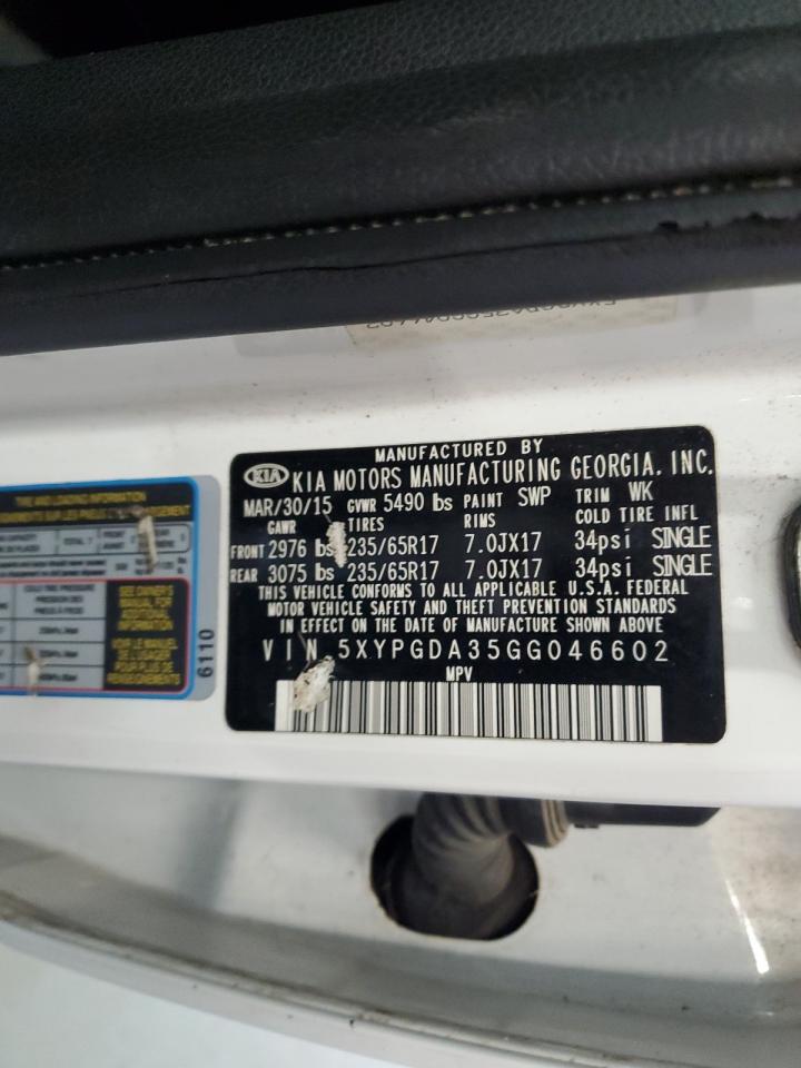 2016 Kia Sorento Lx VIN: 5XYPGDA35GG046602 Lot: 85098625