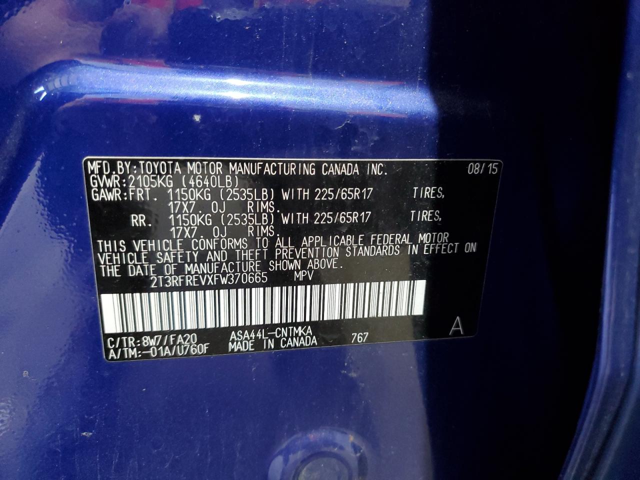 2015 Toyota Rav4 Xle VIN: 2T3RFREVXFW370665 Lot: 84621845