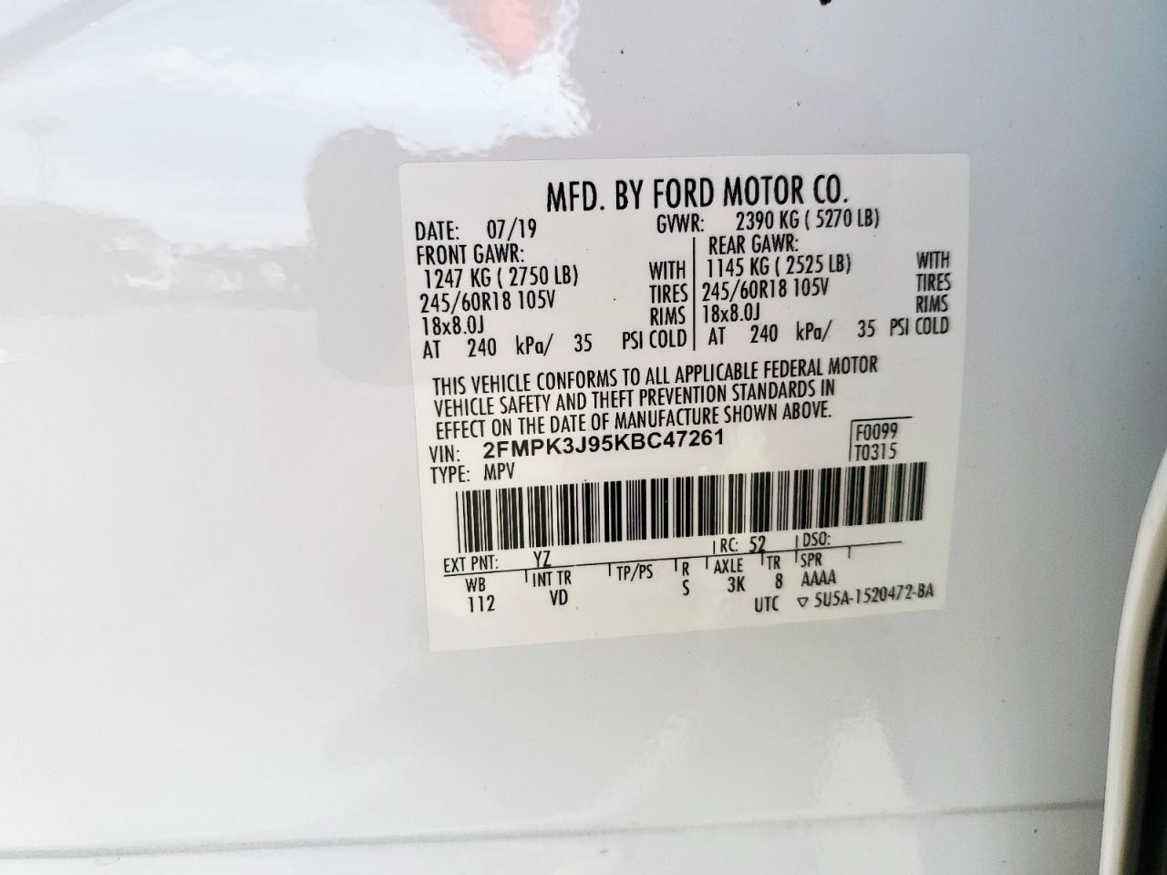 2019 Ford Edge Sel VIN: 2FMPK3J95KBC47261 Lot: 84961525