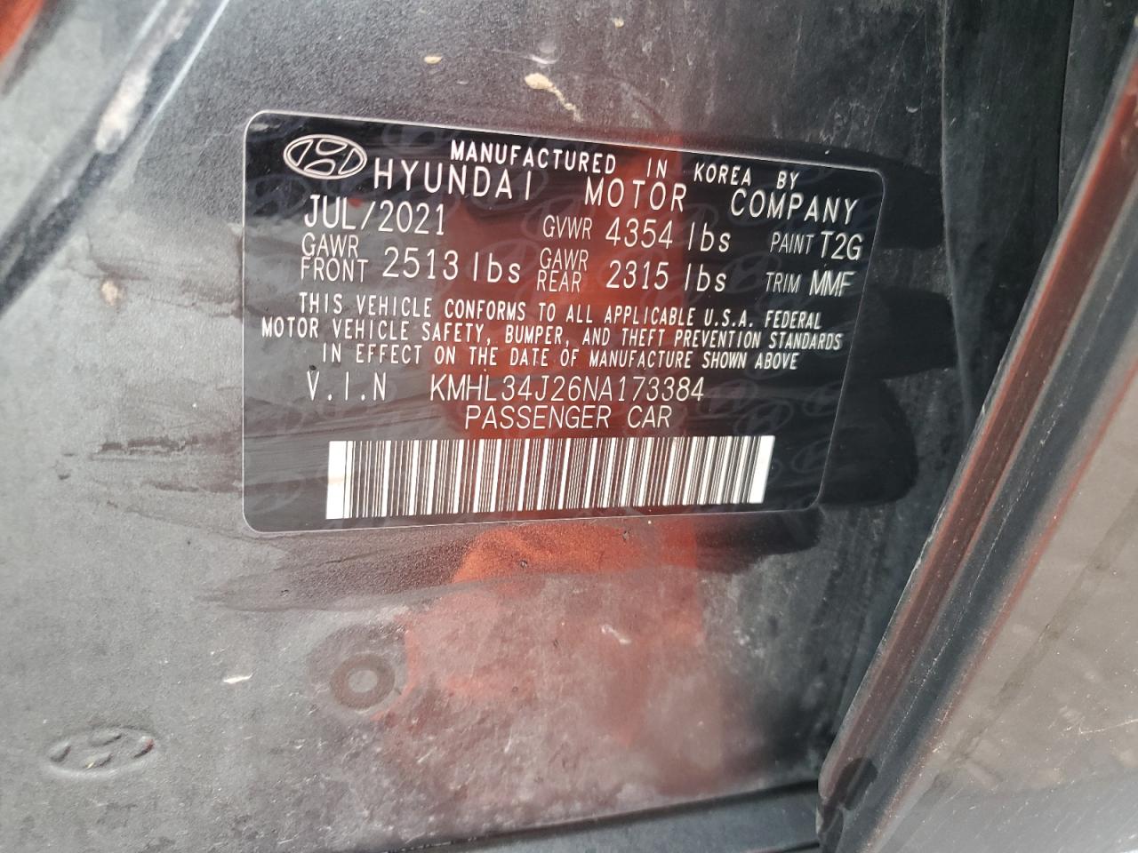 2022 Hyundai Sonata Limited VIN: KMHL34J26NA173384 Lot: 85353995