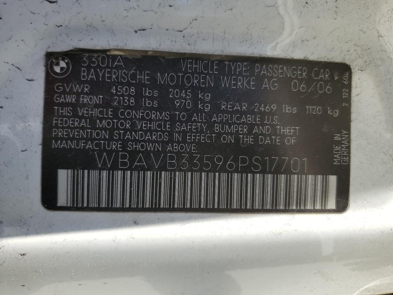 2006 BMW 330 I VIN: WBAVB33596PS17701 Lot: 86074485