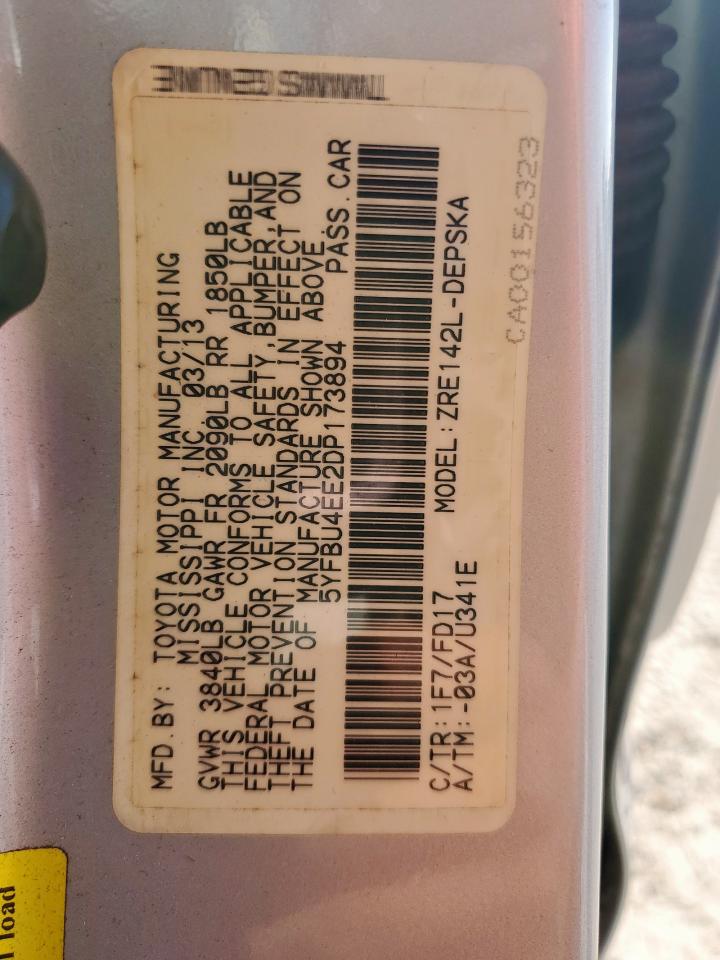 2013 Toyota Corolla Base VIN: 5YFBU4EE2DP173894 Lot: 85724665