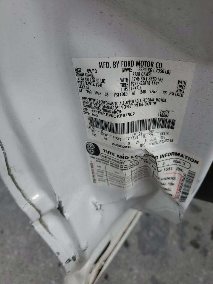 2013 Ford F150 Supercrew VIN: 1FTFW1EF6DKF97502 Lot: 82218955