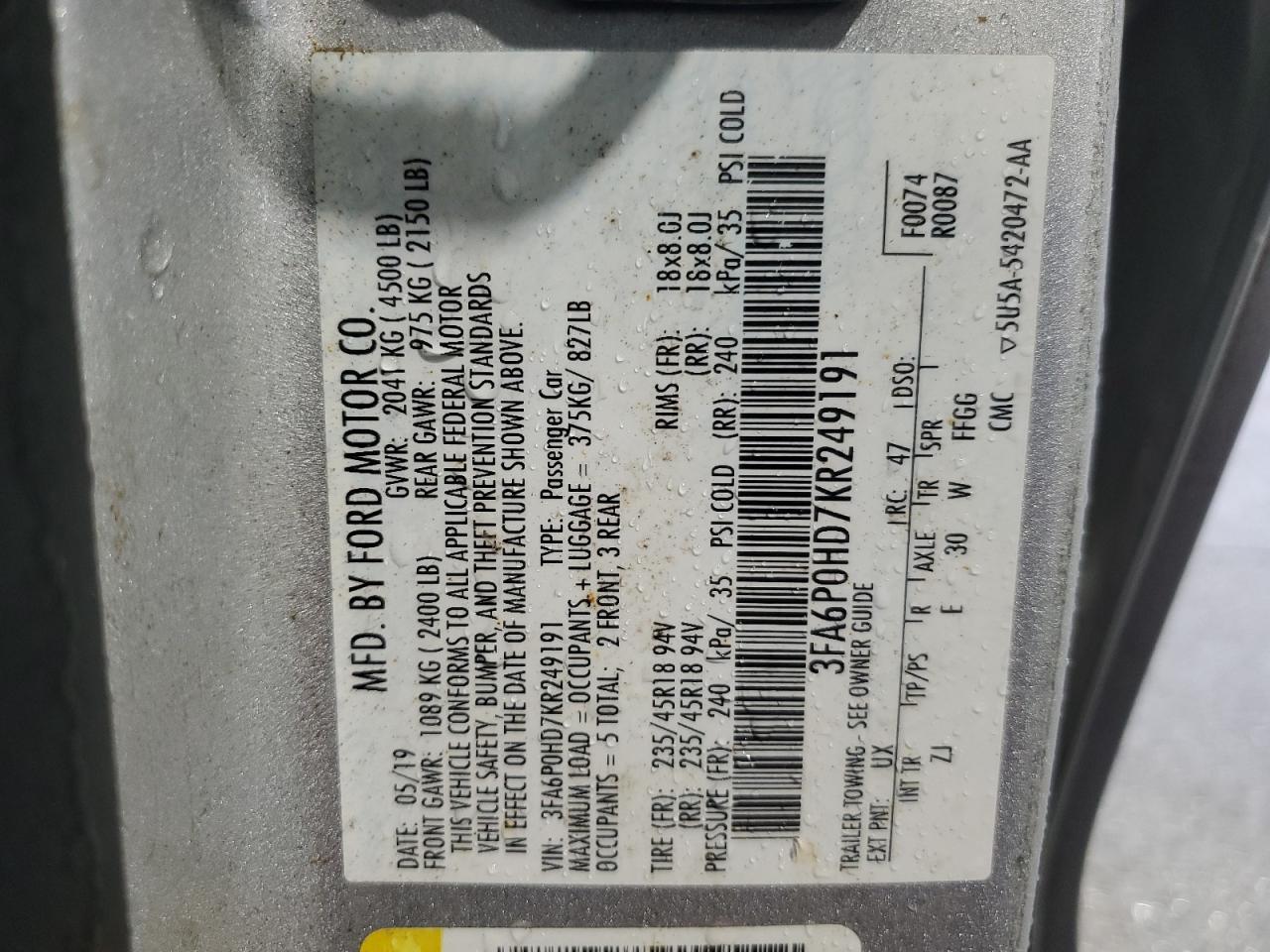 2019 Ford Fusion Se VIN: 3FA6P0HD7KR249191 Lot: 85367705