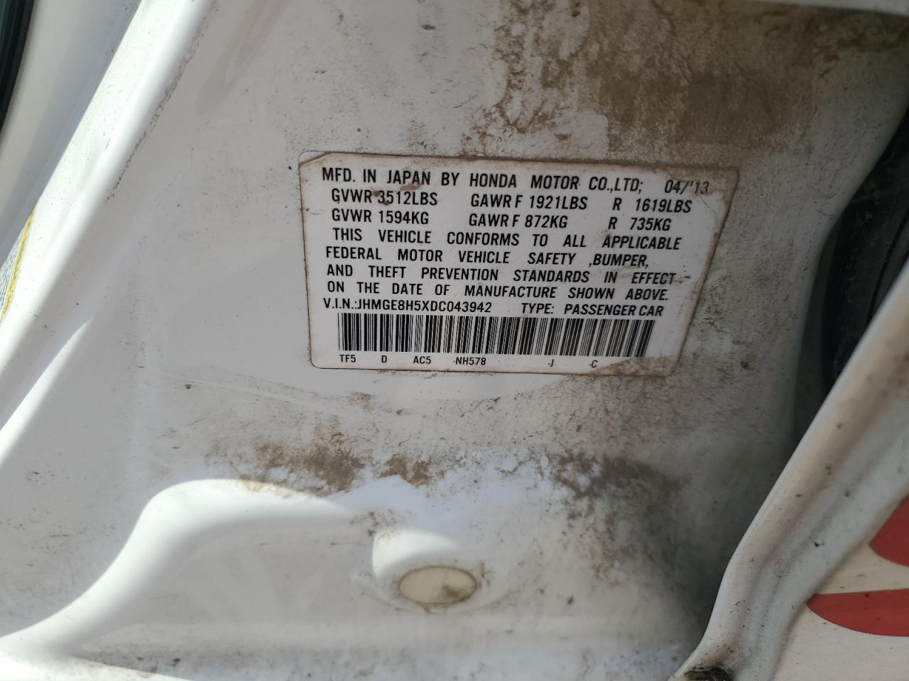 2013 Honda Fit Sport VIN: JHMGE8H5XDC043942 Lot: 85111255