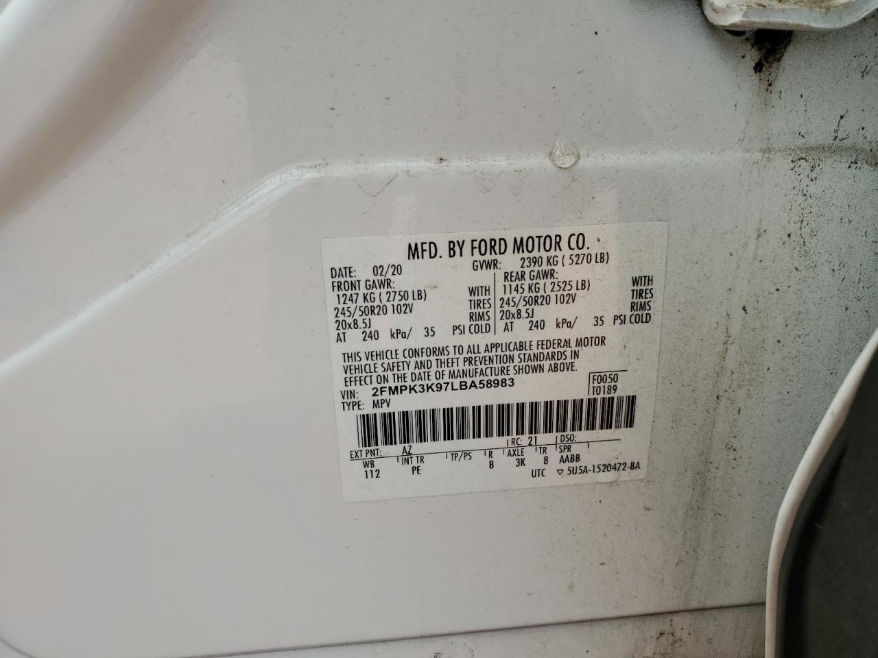 2020 Ford Edge Titanium VIN: 2FMPK3K97LBA58983 Lot: 82326945