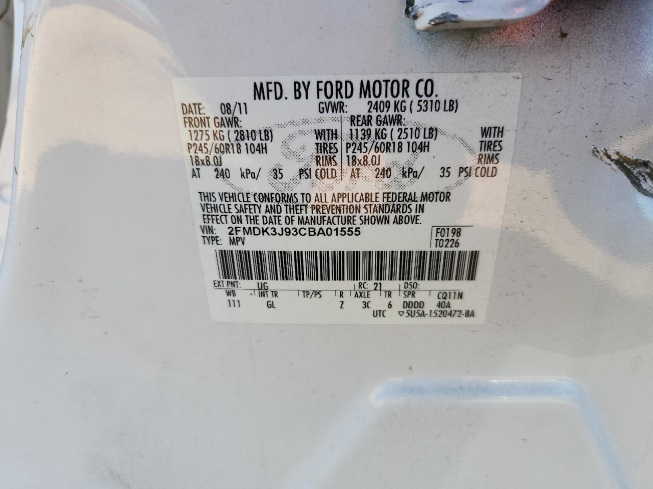 2012 Ford Edge Sel VIN: 2FMDK3J93CBA01555 Lot: 86604995