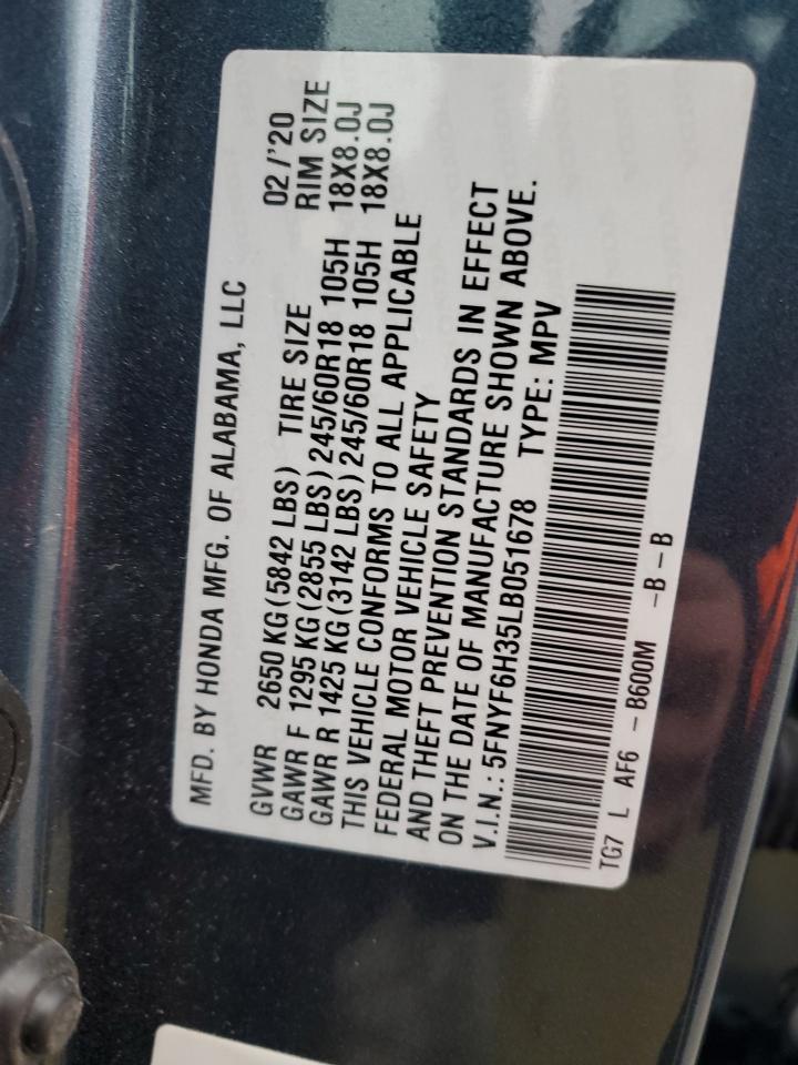 2020 Honda Pilot Ex VIN: 5FNYF6H35LB051678 Lot: 89509205