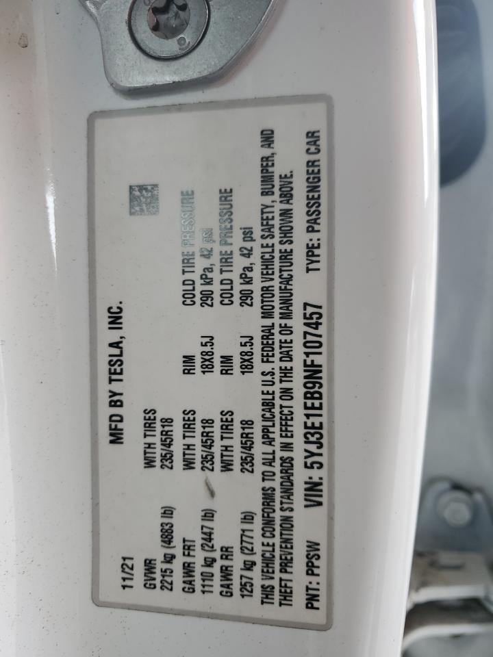 2022 Tesla Model 3 VIN: 5YJ3E1EB9NF107457 Lot: 89728655
